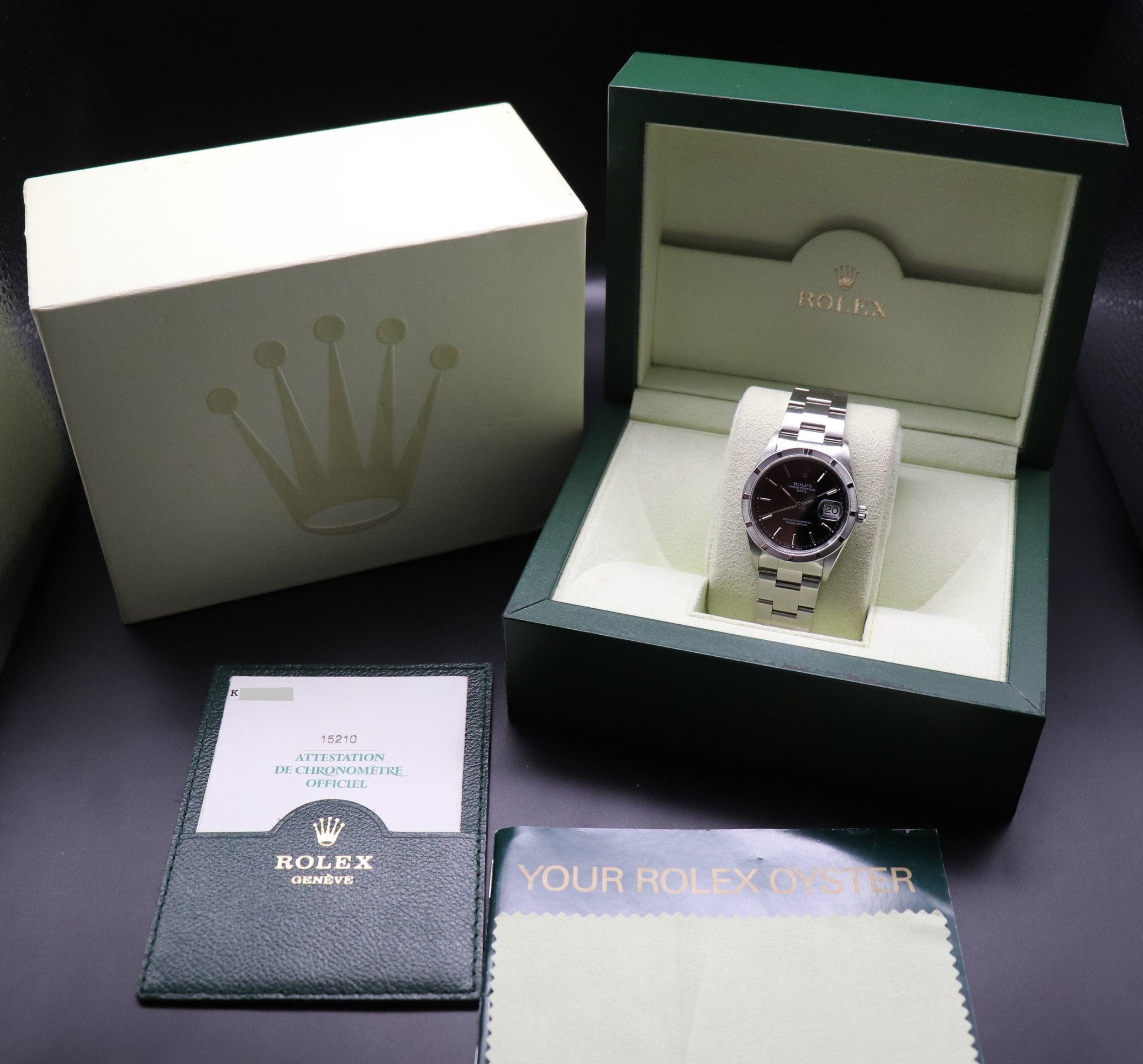 Rolex Date 15210 Black Dial Fullset 2002 Box+Papers