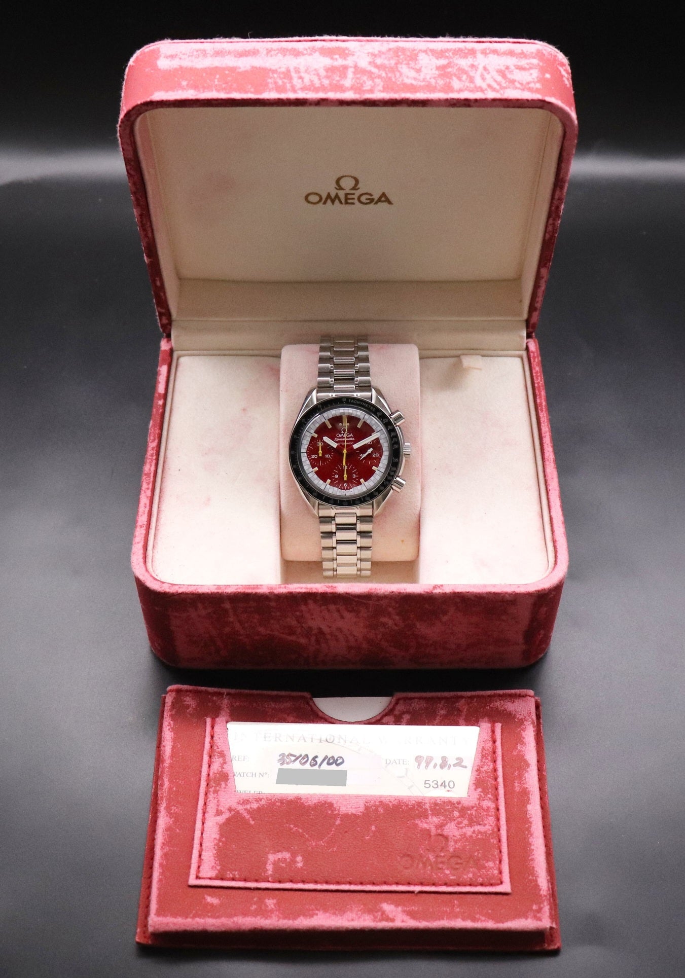 Omega Speedmaster Reduced 3510.61 Schumacher Fullset Red Dial Box+Papers