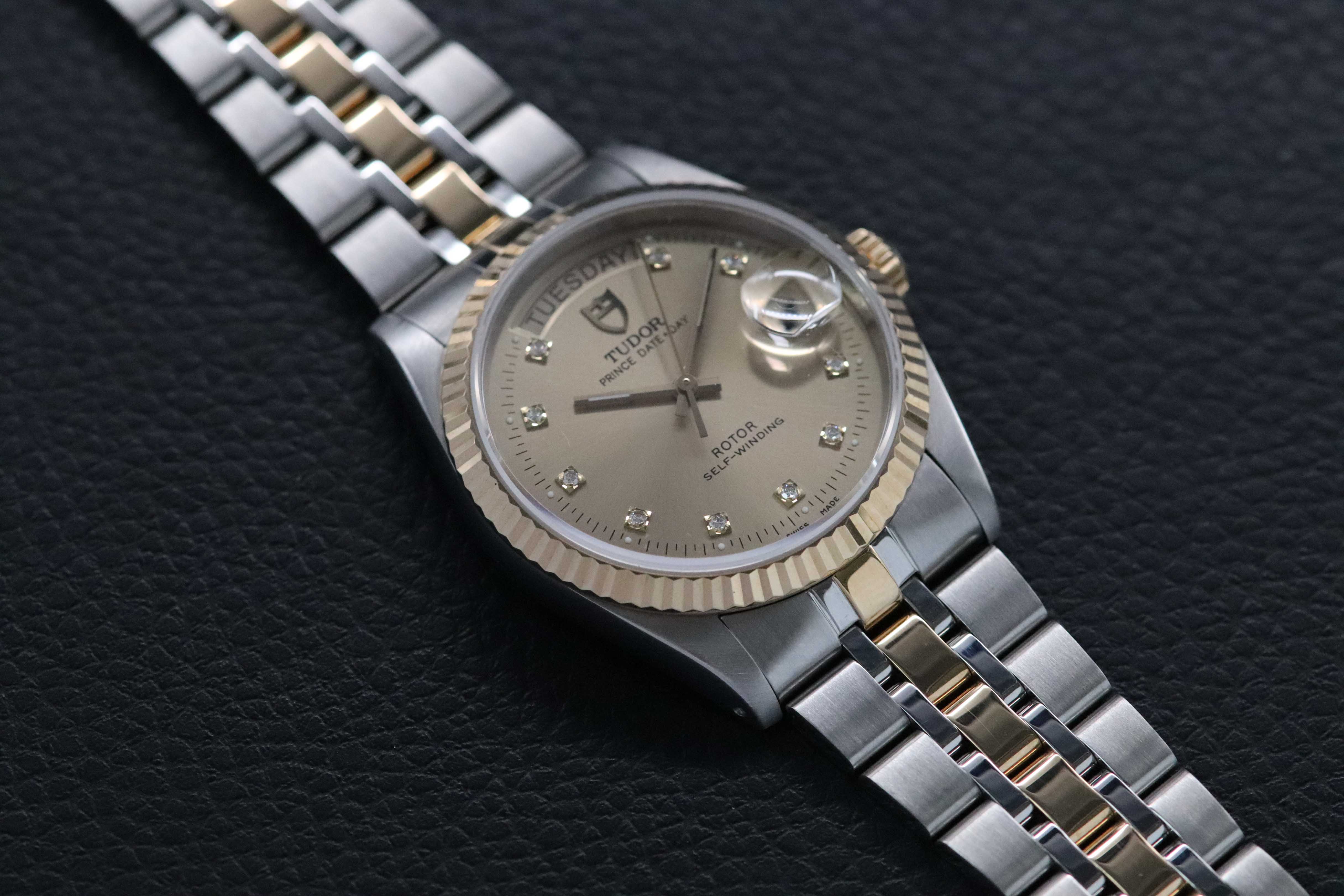 Tudor Prince Date Day 76213G Gold Dial Diamonds 2001